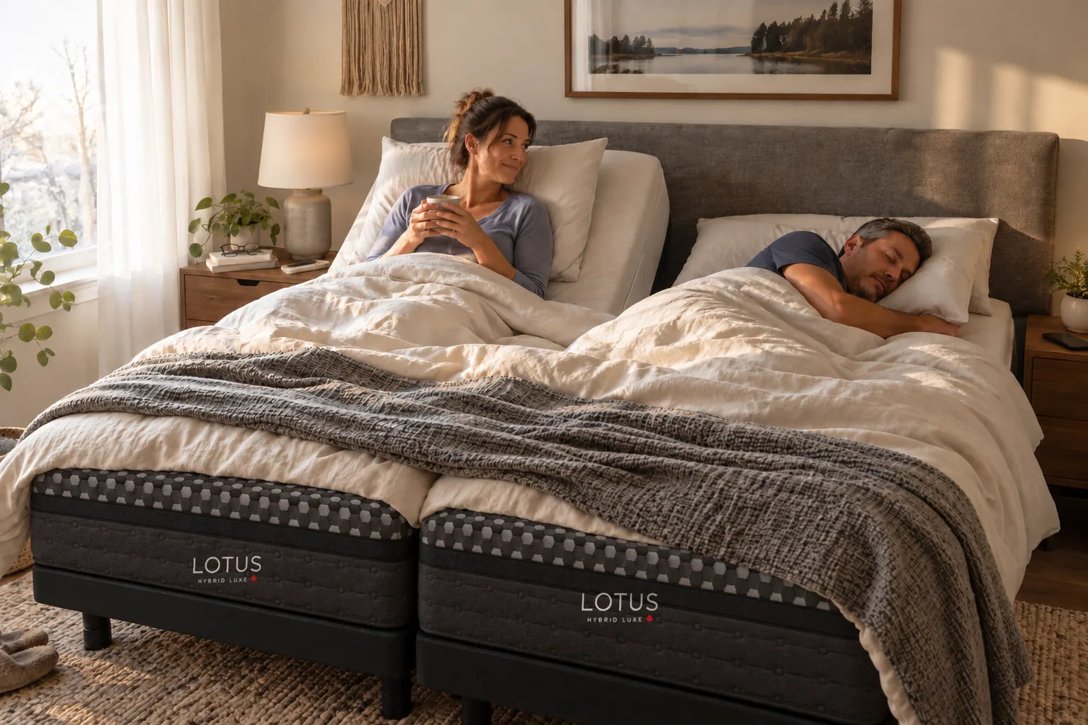 A Lotus Hybrid Luxe Split King on two adjustable bases on a sunny morning: she sips coffee with her side raised while he sleeps in on his flat side