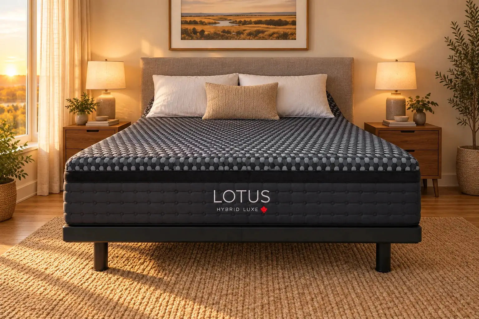 The foot end of a Queen Lotus Hybrid Luxe on a black adjustable base: two-tone honeycomb knit top, black velvet band and the LOTUS HYBRID LUXE logo