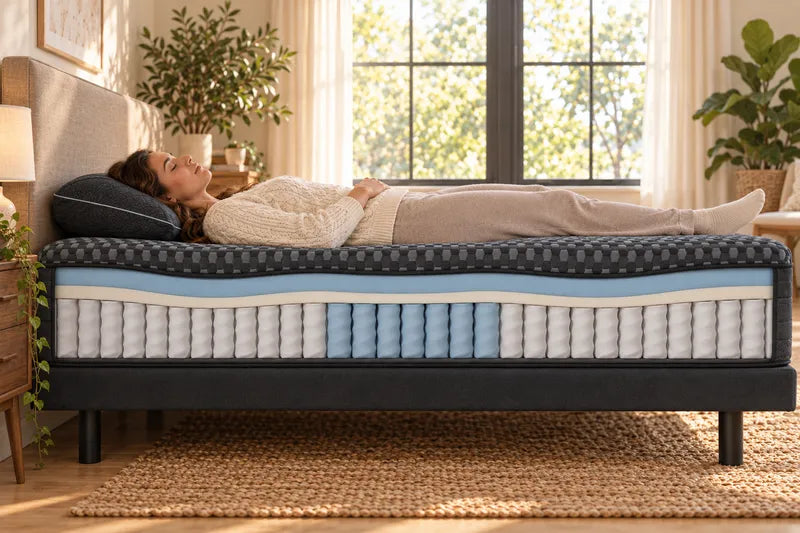 Cutaway illustration of the Hybrid Luxe with a woman lying on her back: blue Arctic Luxe foam over zoned pocket coils.