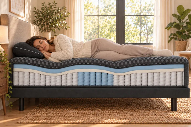 The same cutaway with the woman on her side: the foam gives more at her shoulder and hip while the zoned support coils in the middle hold her waist up, keeping her spine straight.