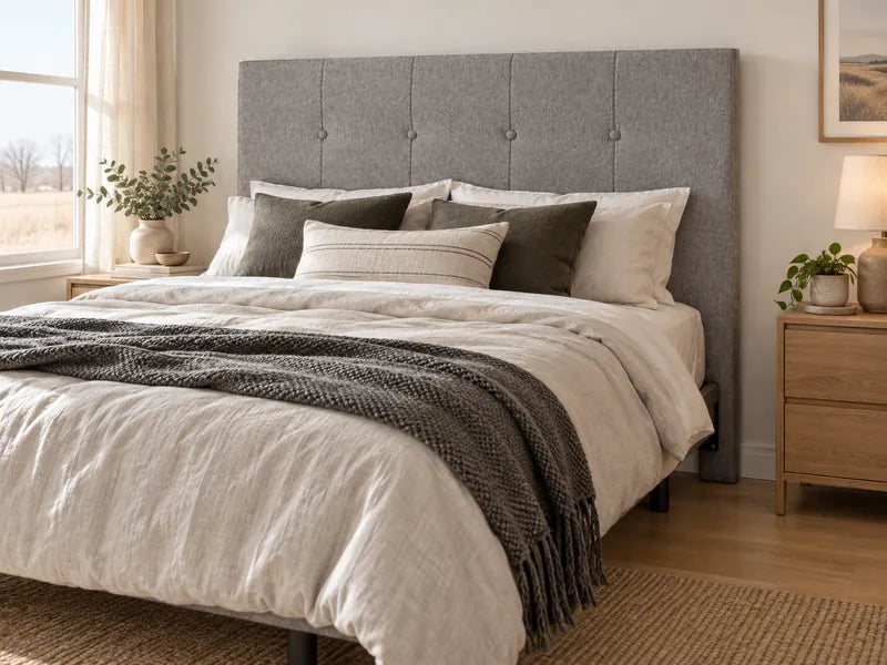The same bed with the Lyon upholstered headboard behind it