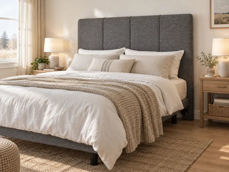 Upholstered headboard in Joshua Ash grey behind a made bed in a bright bedroom