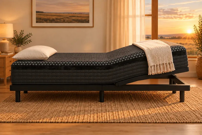 A mattress on an adjustable base with the feet raised