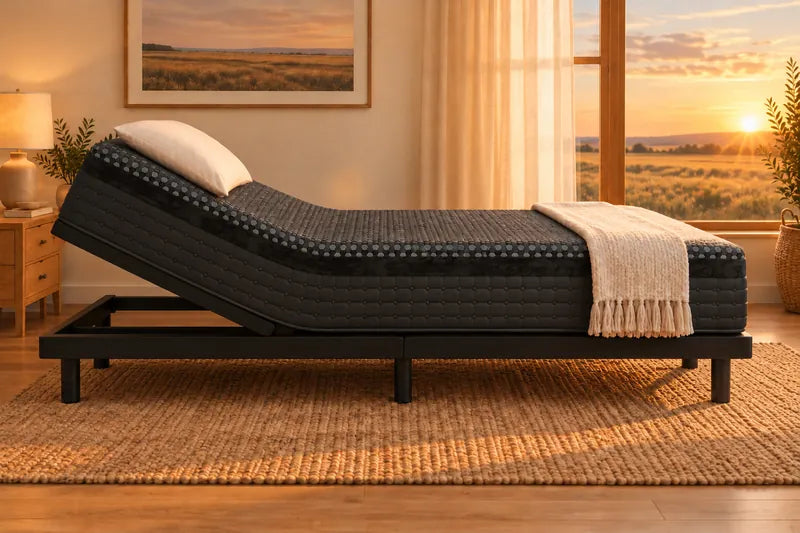 A mattress on an adjustable base with the head raised
