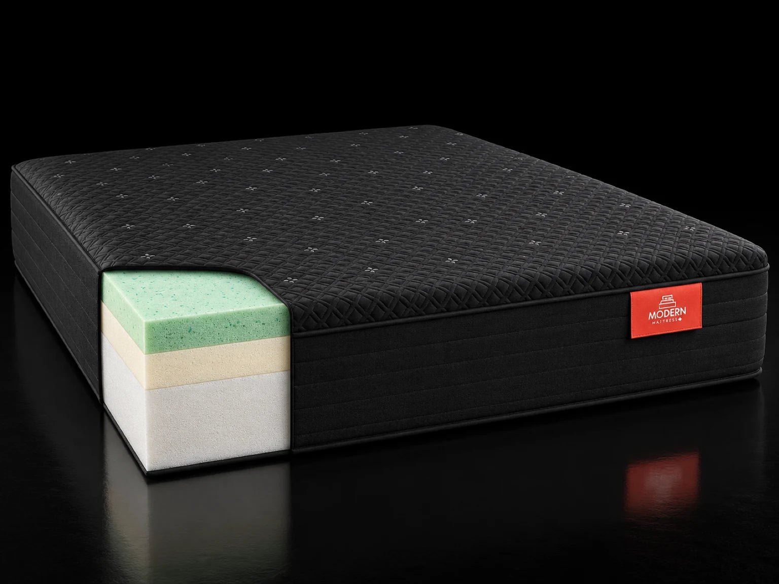 A cutaway of the Luna: black knit cover, gel-infused memory foam, transition foam and a high-density support core