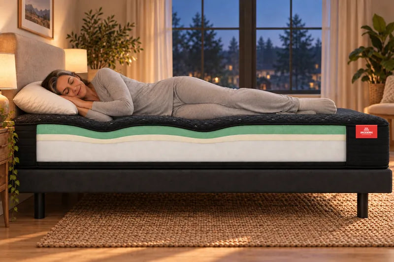 The same cutaway with the woman on her side: the memory foam contours more at her shoulder and hip while the support core stays level, keeping her spine straight.