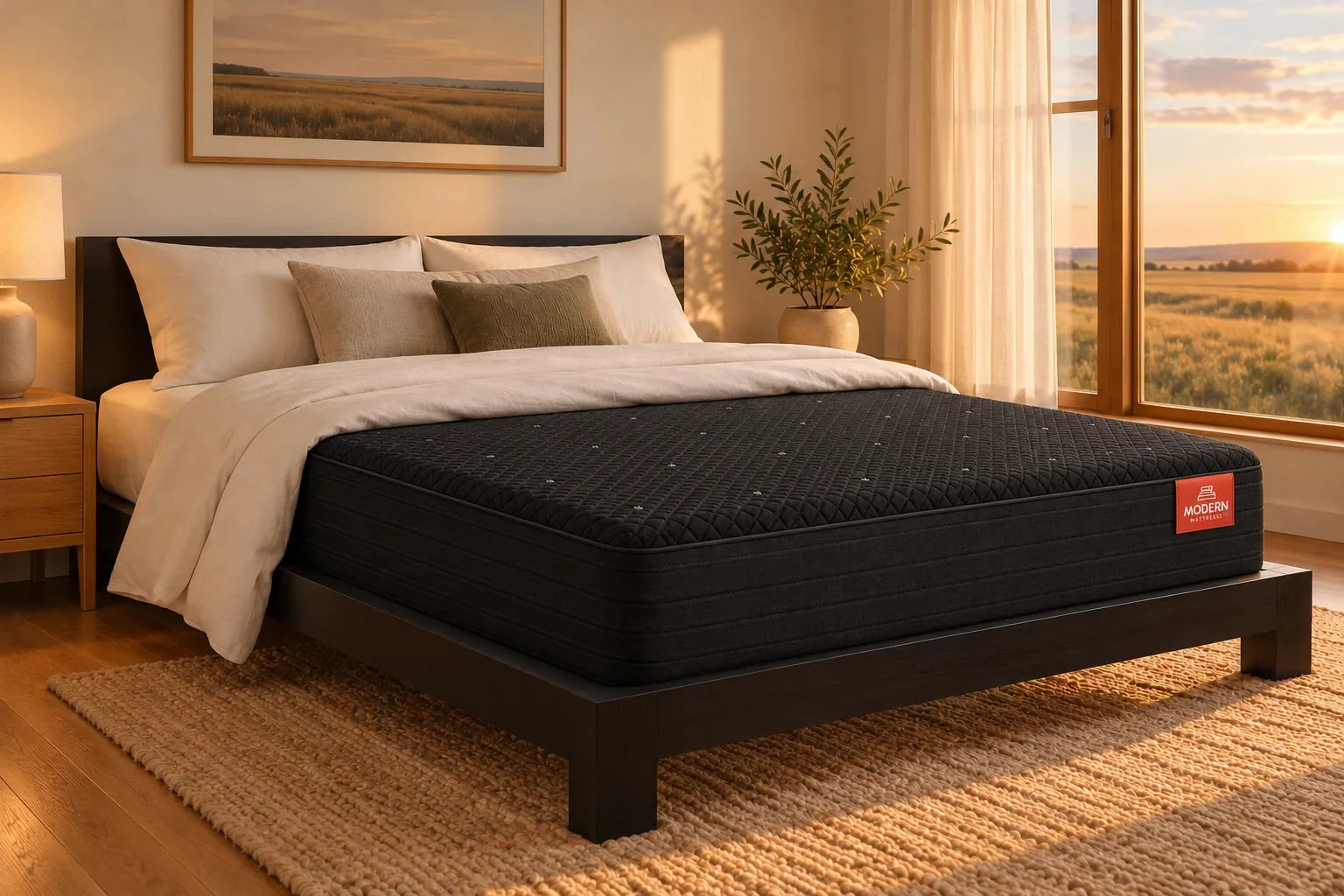 A Queen Luna memory foam mattress with its black knit cover on a low platform bed in a warm bedroom at golden hour