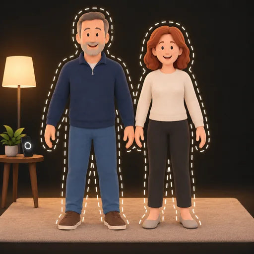 Two people stand side by side, each in a glowing outline, facing a phone propped on a side table