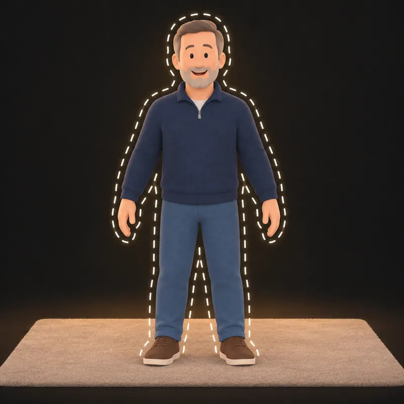 A man stands facing forward inside a dashed body outline, arms held a little away from his sides