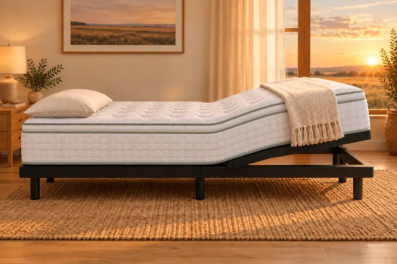 A mattress on an adjustable base with the feet raised