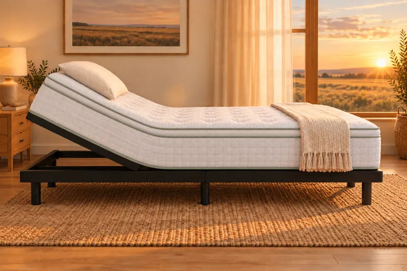 A mattress on an adjustable base with the head raised