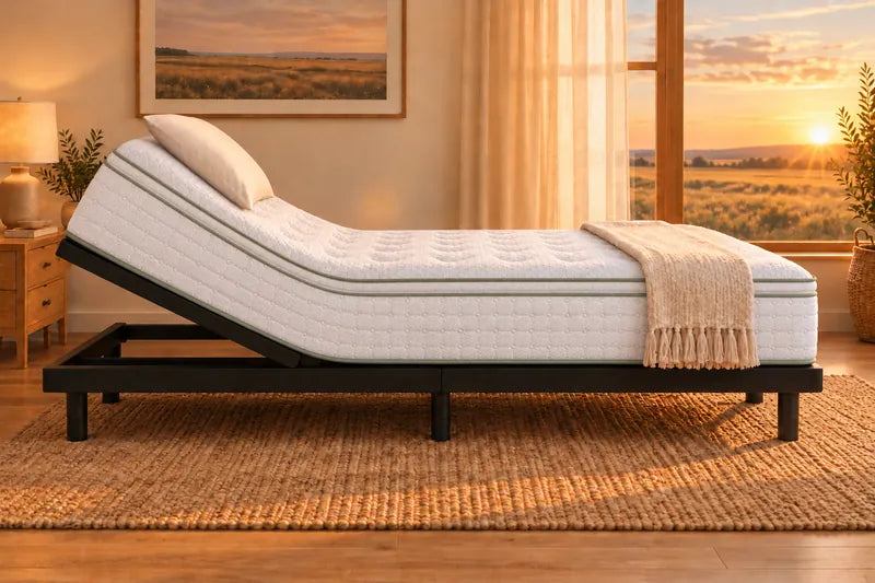 A mattress on an adjustable base with the head raised and the pillow tilt tipped forward