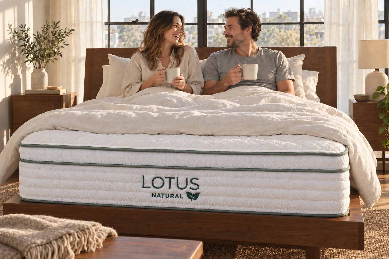 A couple laughing over morning coffee on a Lotus Natural mattress