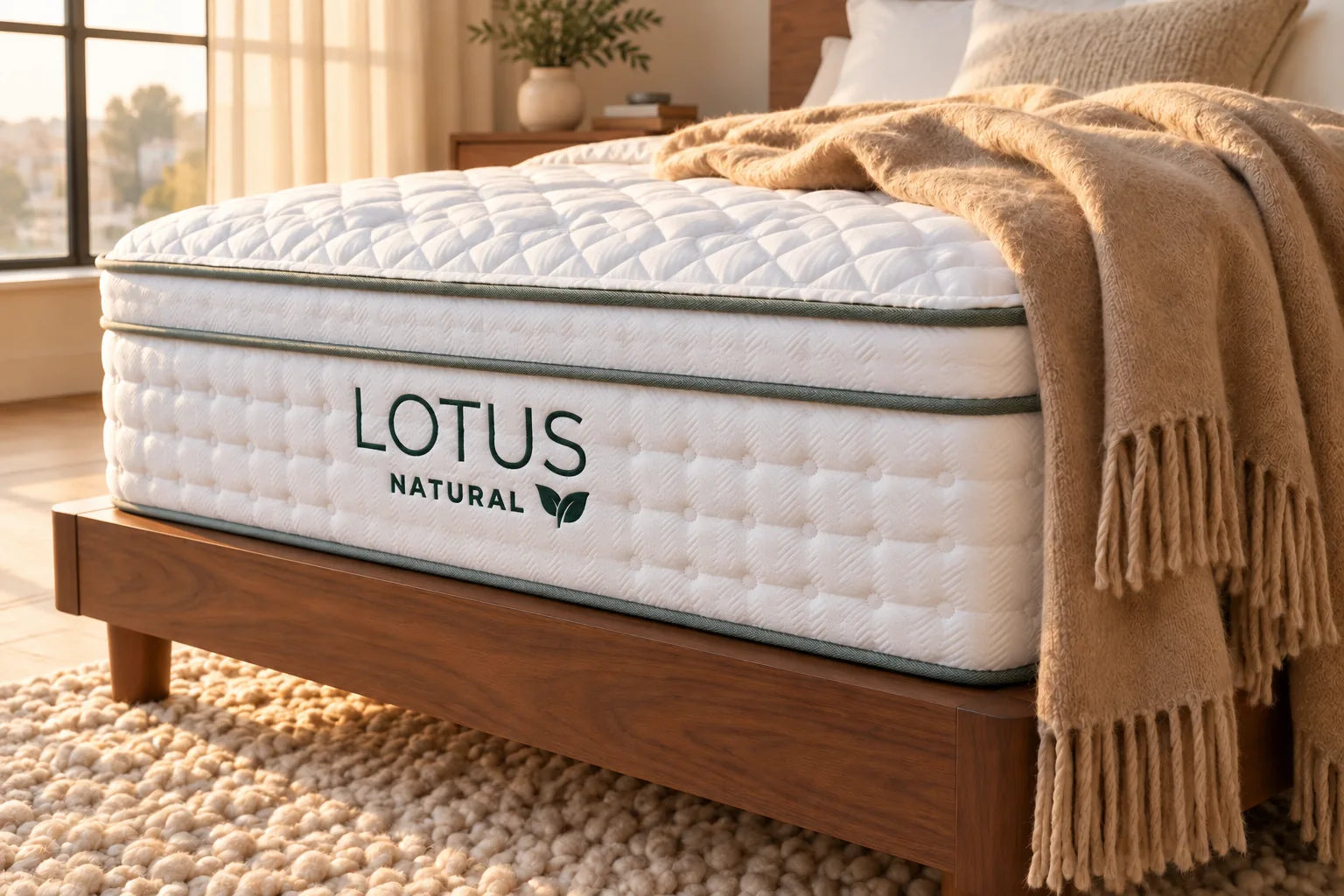 Close-up of the Lotus Natural quilting, sage-green piping and logo with a wool throw