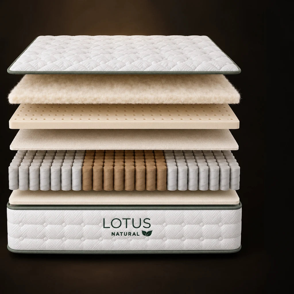 Exploded view of the six Lotus Natural layers: cotton quilted top, natural wool, natural latex, fabric layer, pocket coils and a thin soy-based foam layer