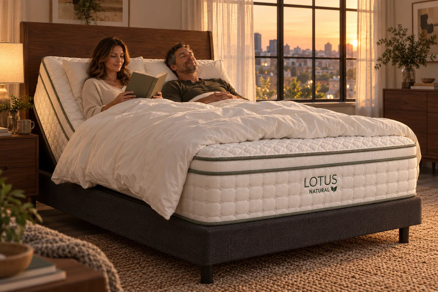 A couple relaxing on a Lotus Natural mattress on an adjustable base with the head raised