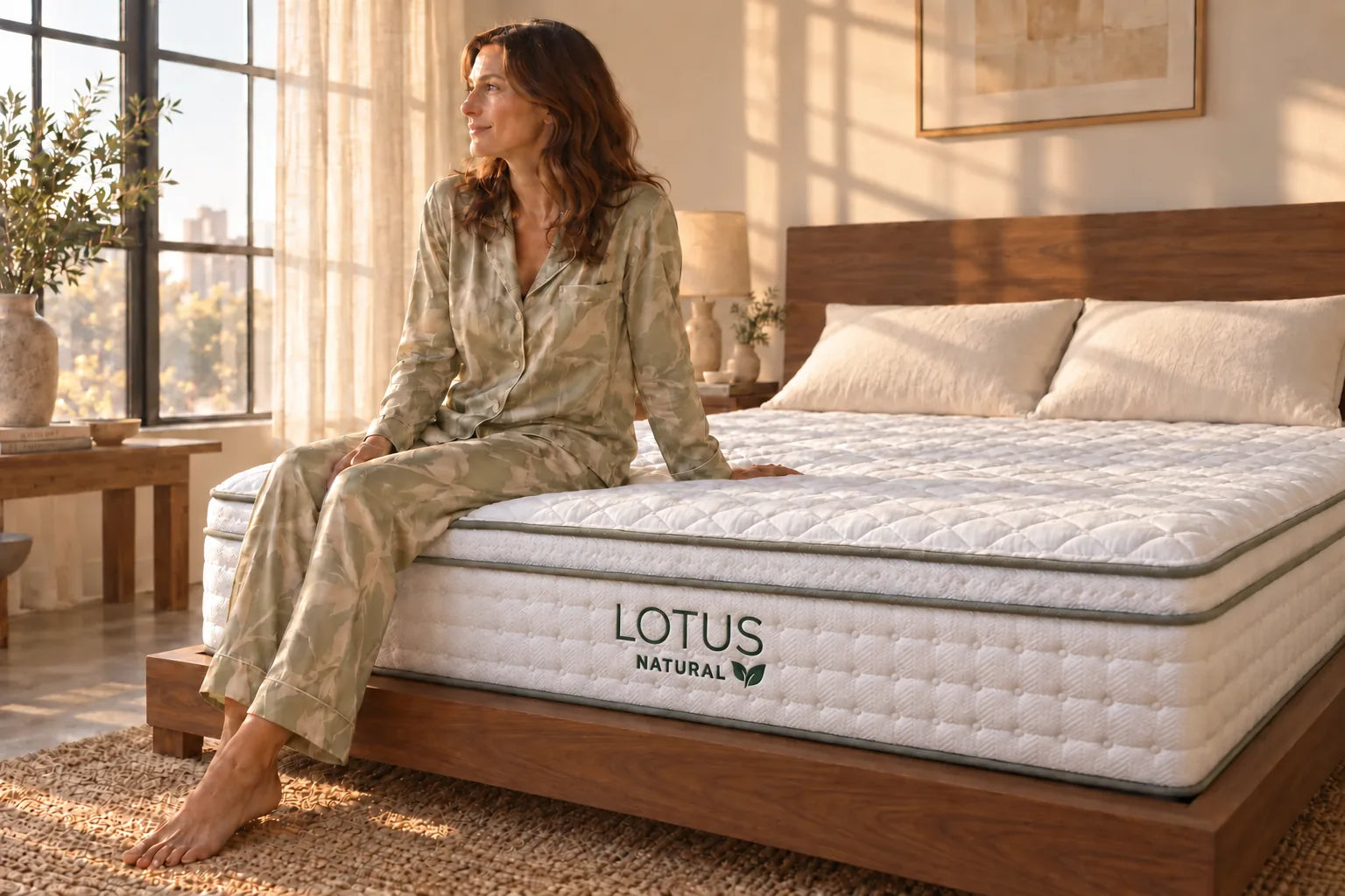 A woman in silk pyjamas sitting on the foot of a king Lotus Natural mattress in the afternoon sun