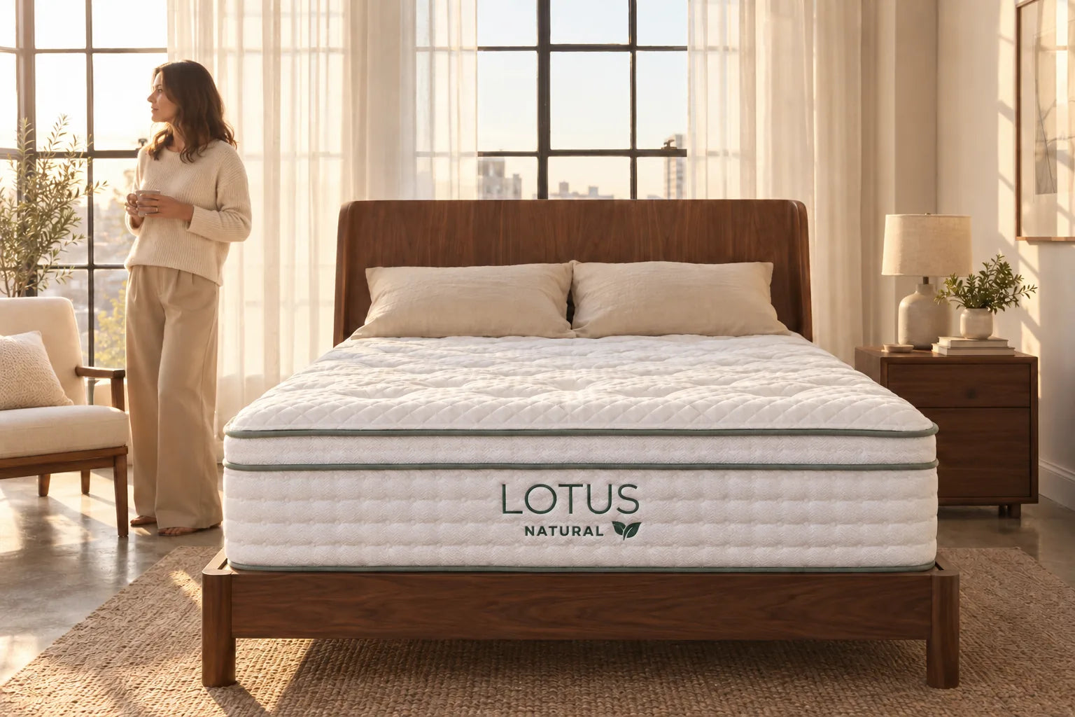A Lotus Natural mattress on a walnut bed in a bright loft bedroom