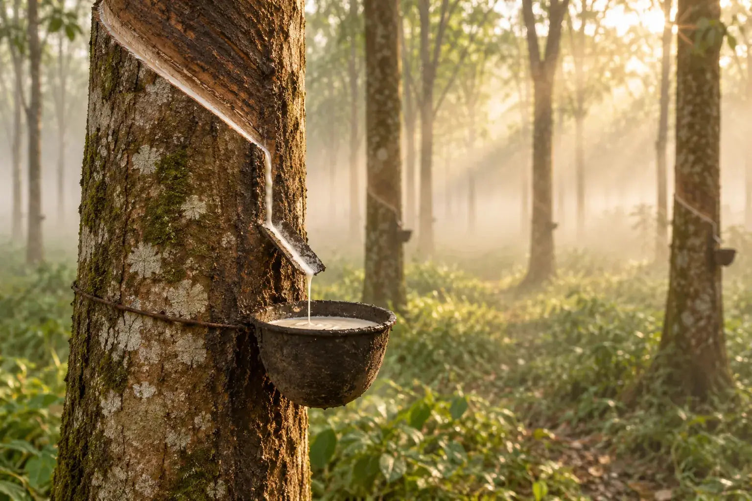Milky natural latex running down the bark of a tapped rubber tree into a cup