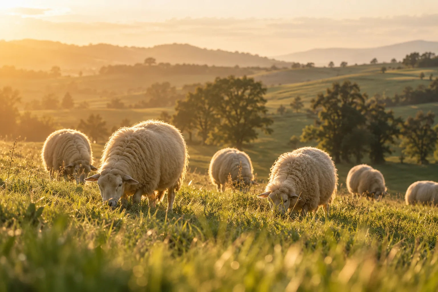 Sheep grazing on a green hillside at golden hour