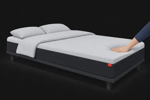 A hand sinking deep into a plush mattress top