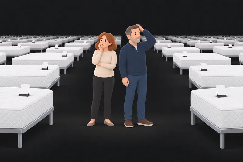 Before: a couple standing lost between endless rows of identical mattresses with blank price tags.
