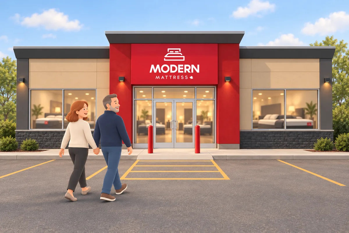 A couple walking into a Modern Mattress store