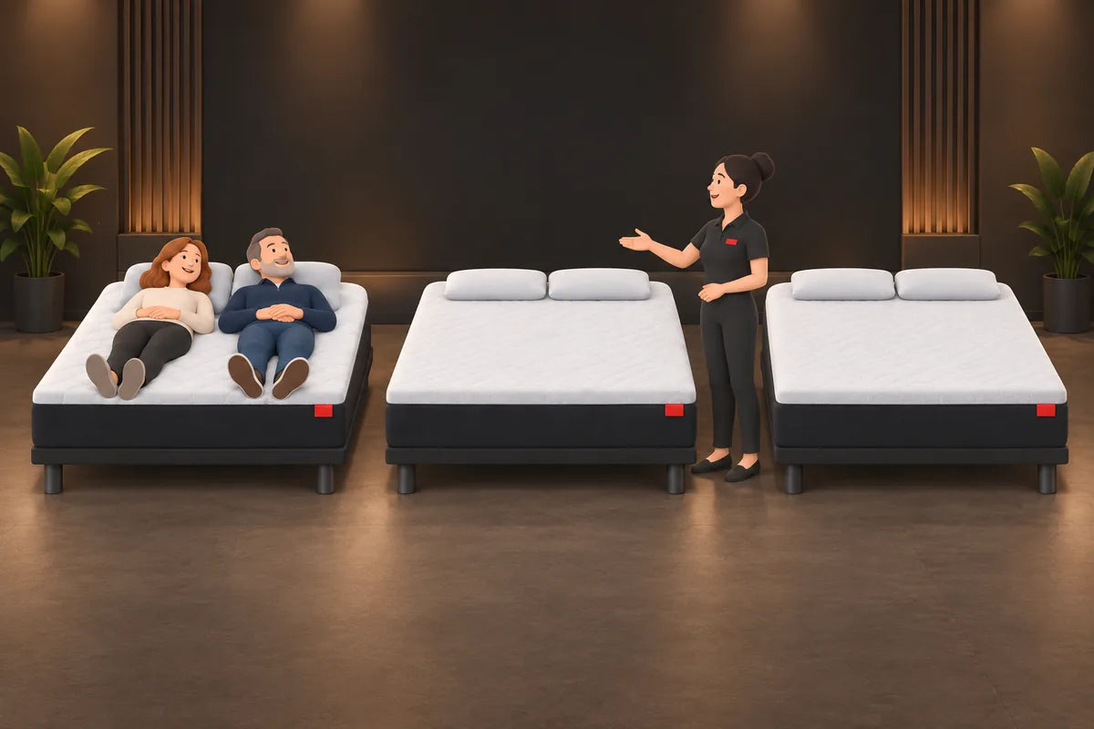 A couple lying on the first of three matched mattresses while a sleep consultant presents the other two.