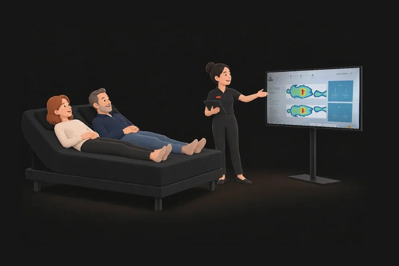 After: the same couple reclining on the Discovery™ bed at Modern Mattress, looking at their pressure map on screen while a sleep consultant explains it.