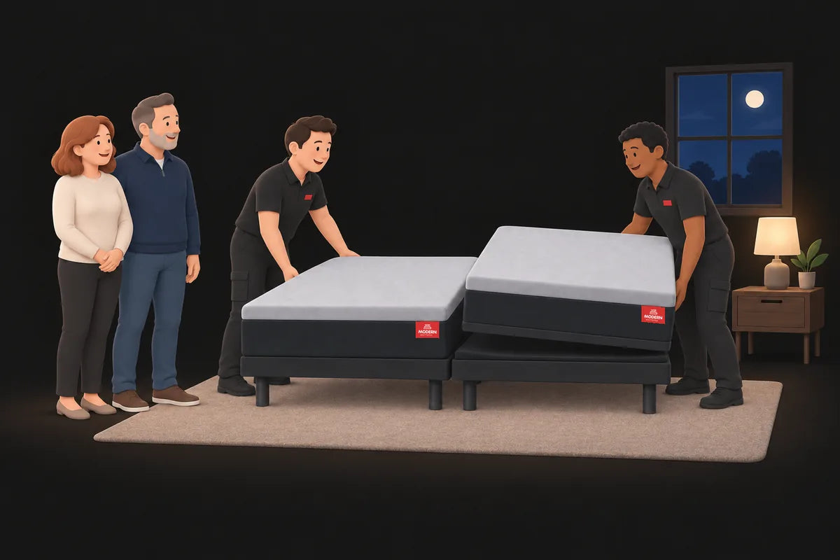 Two Modern Mattress delivery team members setting up a Split King, lowering the second Twin XL mattress onto its adjustable base while the couple watches.