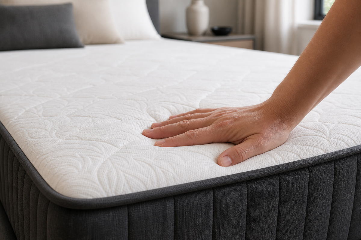 Hand pressing the Emma quilted surface to show its cushioning comfort