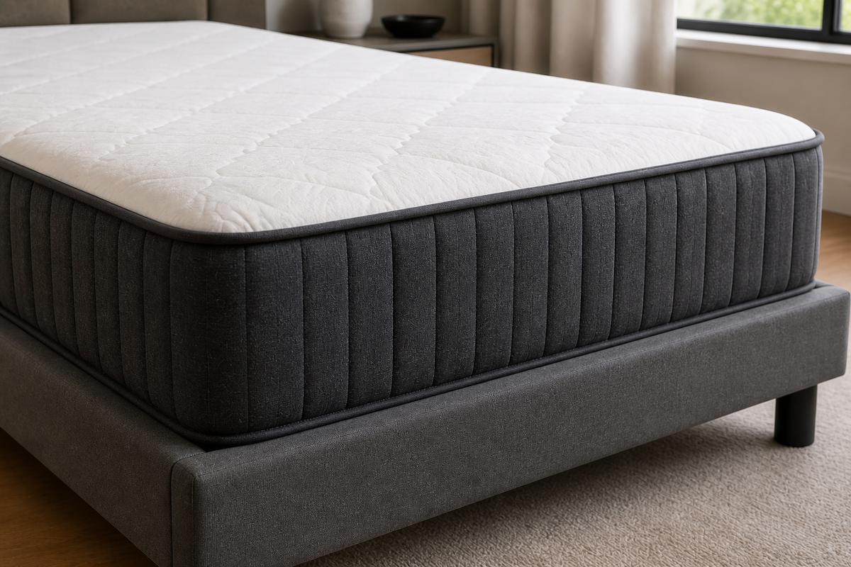 Close-up of the Emma mattress grey piping and vertically quilted charcoal side