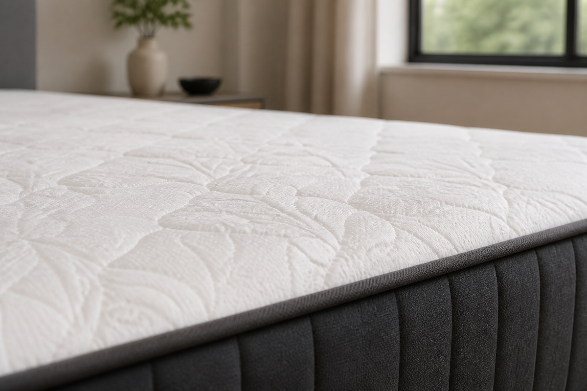 Close-up of the Emma mattress white quilted sleep surface and charcoal edge